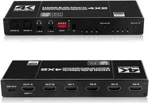 HDMI Matrix 4x2, 4K HDMI Matrix Switch 4 in 2 Out Switcher Splitter Box with 2xSPDIF Audio, 2x3.5mm L/R Audio and IR Remote Control, Support Ultra 4Kx2K@60Hz, HDR10, 3D, 1080PHDMI2.0b, HDCP2.2