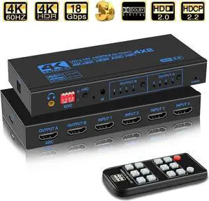 4K@60Hz Matrix 4x2 18.5 Gbps HDMI-compatible Switch Splitter with SPDIF and 3.5mm HDR 4x2 Support HDCP 2.2 3D (OZJ2-1)
