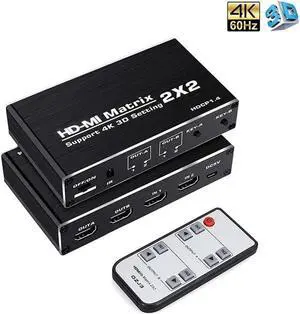HDMI Matrix 2x2 , 4K HDMI Matrix Switch 2 in 2 Out Switcher Splitter Box with  IR Remote Control, Support Ultra 4K HDR,4Kx2K@60Hz, 3D, 1080PHDMI 2.0b, HDCP 1.4,YUV 4:2:0 (OZJ3)