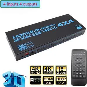4x4 Matrix HDMI Switch 4K 60Hz, 4K@60Hz 4in 4out HDMI Matrix Switch with IR Remote Control, Support HDMI 2.0b, HDCP2.2, HDR10, Ultra HD, 3D , OZJ4