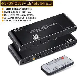 4K@60Hz 4x1 HDMI Switch Audio Extractor with Optical Toslink SPDIF/Coaxial/3.5mm Audio Out, 4 Ports HDMI 2.0b Switcher with Remote Control Support ARC, HDCP 2.2, 3D, for Xbox, Fire Stick, PS5