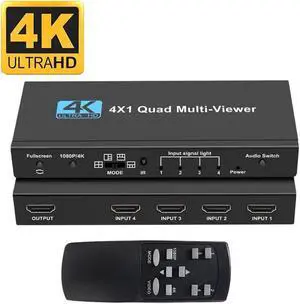 4K HDMI Multi-viewer Switch 4x1, HDMI Quad Multi-Viewer with Seamless Switch, Split Screen,5 Display Modes,with IR Remote/Software/Push Button Selector for Security Camera, Gaming Consoles