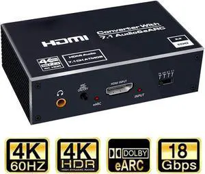 4K 60Hz HDMI Audio Extractor Splitter, HDMI + Optical Toslink SPDIF + 3.5mm Audio Jack + Coaxial + 7.1Ch, Support - HDCP 2.2 - EDID,Dolby Vision,HDR 10