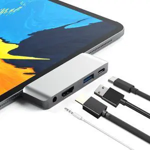 USB C HDMI Adapter for MacBook Pro 2017/2016/Google Chromebook /XPS/S9, 4 in 1 USB-C to 4K HDMI Output, Audio Jack Port , PD Charging Port and USB3.0 Port (Silver)