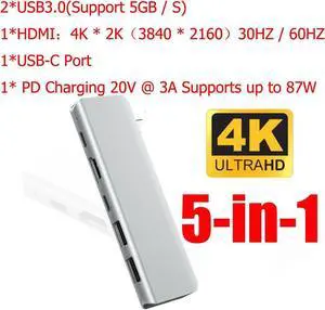 USB C Hub HDMI Adapter, 5-in-1 Type-C Hub to HDMI 4k,2 USB 3.0 Ports,87W Power Delivery,Thunderbolt 3 USB-C   Port Compatible with MacBook Pro 13/15(Thunderbolt 3),2018 Mac Air,Chromebook USB-C
