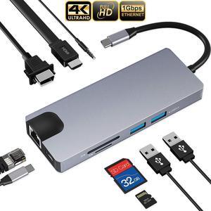 Updated USB C Hub, 9 in 1 Type C Adapter Dock with Giga Ethernet, 4K@30Hz USBC to HDMI, 1080P VGA, 2 USB3.0, 60W PD 3.0, SD TF Card Reader, Audio/Mic, for MacBook Pro and Other Type C Laptops