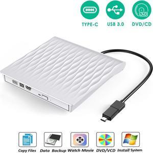 USB 3.0 Type C Dual Port External CD DVD Drive, Slim Portable External CD DVD Rewriter Burner Writer, High Speed Data Transfer External USB Optical Drives for Laptop/MacBook/Desktop (White)