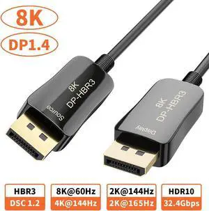 DisplayPort Fiber Optic Cable,  8K Optic DisplayPort 1.4 Cable Ultra High Speed 32.4 Gbps 8K@60Hz 4K@144Hz Fiber DP to DP Cable 65FT/20M