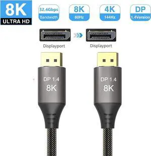 8K DisplayPort Cable 3.3ft Ultra HD DisplayPort 1.4 Male to Male Nylon Braided Cable, 7680x4320 Resolution, 8K@60Hz, 4K@144Hz, 32.4Gbps, HDP, HDCP for PC, Laptop, HDTV, DP to DP Cable