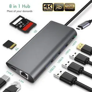 USB-C Hub - 8 in 1 Ultra Compact Type C Dongle Compatible MacBook Pro, Chrome Pixel, HP, Dell XPS with 4K HDMI, USB3.0,Ethernet Port, USB-C Power Delivery, SD/TF Card Reader