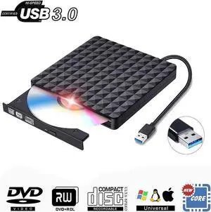 Diamond Pattern USB 3.0 Slim External CD DVD Drive Rewriter Burner Writer, High Speed Data Transfer USB Optical Drives Player Player for PC Desktop/Laptop/Windows/Linux/Mac OS  (Black)