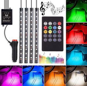 RCF Automotive LED Decor Strip Lights, 4pcs 48 LED Lights DV 12V Car Multi-color Music RGB LED Interior Lighting, Car Decorative Lights, With Sound-activated, Remote Controller, Car Charger Included
