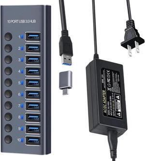 Powered USB 3.0 Hub10 Ports 60W Powered USB Hub Aluminum USB Splitter with Individual On/Off Switches and 12V/5A Power Adapter for PC, Laptops, MacBook Pro/Air, iMac