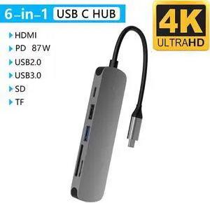 USB C Hub Multiport Adapter 6 in 1 Type C, Compatible with MacBook Pro/Air,iPad Pro, Type C Laptops,XPS,USB C Docking Station with 4K HDMI, USB3.0, USB2.0, SD/TF Card Reader/87w Type C PD