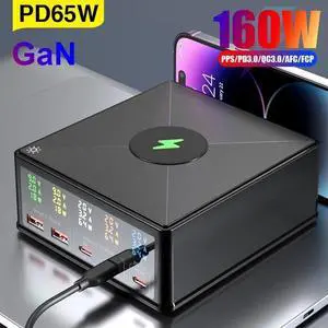 160W GaN USB C Charging Station with Wireless Charging , 5-Port USB Charger Charging Hub Power Port for Multiple Devices with PD3.0 and QC3.0 Fast Charging Power Stock Statio