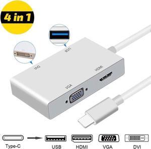 USB-C to HDMI VGA DVI Adapter with USB 3.0 Port - Type C (Thunderbolt 3 Compatible) 4-in-1 Cable Adapter for Surface Book 2, Galaxy S9 and More