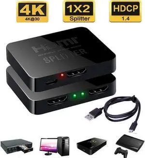 HDMI Splitter 1 in 2 Out - 4k HDMI Splitter 1 x 2 for Dual Duplicate Monitors Support 3D 4K@30HZ Full HD 1080P for Xbox PS4 Blu-Ray Player HDTV
