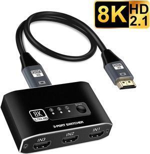 HDMI Switch 8K@60Hz, 3 in 1 Out HDMI Switch, 3 Port HDMI Switcher Box with 3.9FT HDMI Cable, Supports 8K, 4K, 1080P, 3D, HDMI2.1, HDR10, Compatible with Fire Stick 4K, HDTV, PS4/5, Game Consoles, PC