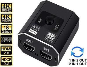 18Gbps 2-Port 4K HDMI 2.0b Switch with HDMI Cable 1080p 120hz / 4K 60hz, 2-Port 4k Bi-Directional 1x2/2x1 4K for PS5, Xbox Series X/S, Apple TV, Gaming Monitor, TV and More