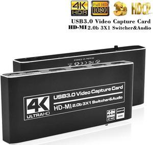 3X1 HDMI Video Capture Card 4K@60Hz 4K 60FPS,HDMI Capture Card Switch with with Mic&Audio, Game Capture Card for Live Streaming Video Recording, Screen Capture Device Work with PS4/PC/OBS/DSLR