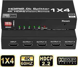 4K@60Hz HDMI Splitter 1 in 4 Out, 1×4 HDMI Splitter Support EDID, 4Kx2K, 1080P, 3D, HDR10 for Xbox PS5/4 Roku Blu-Ray Player Apple TV