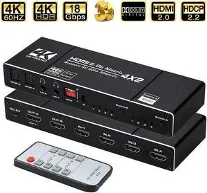 HDMI Matrix 4x2, 4K HDMI Matrix Switch, 1080P 3D, RGB 8:8:8(Dolby ATMOS), 2xSPDIF Audio, 2x3.5mm L/R, EDID, IR Remote (OZJ1-1)