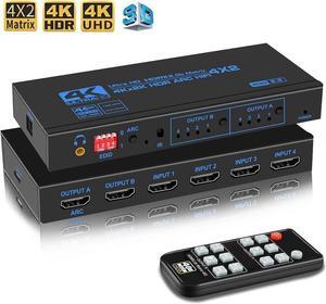 4x2 HDMI Matrix, 4K@60Hz 4 in 2 Out HDMI Switch Splitter with IR Remote, HDMI Matrix Switch + SPDIF + 3.5mm Audio Output, Support HDMI2.0, HDCP2.2, EDID, 3D, Audio Extractor (OZJ2-1)