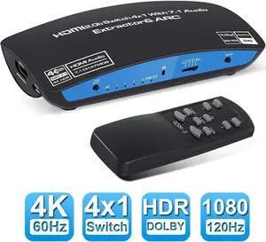 4 in 1 Out 4K HDMI Switch Audio Extractor, 4K@60Hz 8:8:8 ARC Auto Switch HDMI 2.0, 18Gbps, HDCP 2.2, HDR10, Dolby Vision, ARC for PS4 Xbox Apple TV Fire Stick Blu-Ray Player, OZQ9-1
