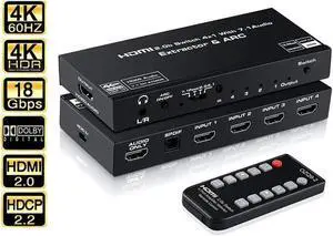 4K@60hz HDMI Switch Audio Extractor with Remote, HDMI Switch Splitter 4 Inputs 1 Output  with Optical Toslink SPDIF+3.5mm Audio Out Support ARC, HDCP 2.2, RGB 8:8:8(7.1CH Dolby atmos),EDID,HDR10