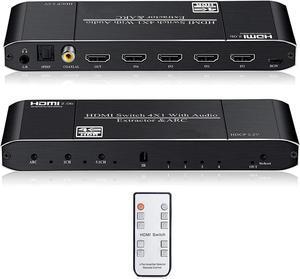 4K @ 60Hz 4 in 1 Out HDMI Switcher with Audio Extractor and IR Remote for PS4/PC/DVD/Security Camera, Optical + 3.5mm AUX + Coaxial Output, Support ARC , 3D, 1080P @120Hz, 4Kx2k @60Hz HDTV with Remote
