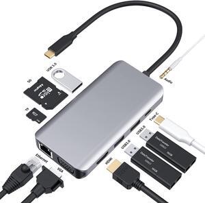 USB C Hub, USB C Adapter, 10 in 1 Type c Hub with 1000M RJ45 Ethernet, 4K HDMI, VGA, 3USB 3.0 Ports, PD 3.0 Charging Port, TF/SD Card Readers, Audio Mic Port for MacBook, Chromebook and More