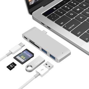 USB C Hub, 5 in 1 Type C Adapter with Power Type C Charging Port, 2 USB 3.0 Ports and SD/Micro SD Card Reader for MacBook Pro2015/2016/2017/Google Chromebook and More Type C Devices -Silver