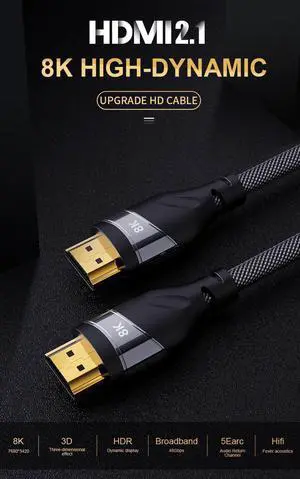 8K HDMI 2.1 Cable Supports 8K @60Hz and 4K @ 120Hz - Compatible with All TVs, BluRay, Xbox, PS4 (10 Feet)