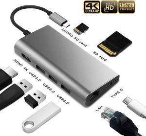 USB-C Hub Adapter for iPad Pro, MacBook Pro/Air, 8-in-1 USBC Hub Dongle with 4K HDMI, USB-C PD, Gigabit Ethernet, 3 USB 3.0, Micro/SD Card reader for MacBook Pro, iPad Pro 2018 and More