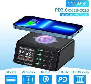 USB C Charging Station with Wireless Charging , 110W USB C Charger Charging Hub 8 PowerPort for Multiple Devices with PD3.0 and QC3.0 Fast Charging Power Stock Station