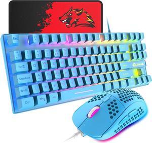 Gaming Keyboard and Mouse Combo,88 Keys Compact Rainbow Backlit Mechanical Feel Keyboard, RGB Backlit 6400 DPI Lightweight Gaming Mouse with Honeycomb Shell for Windows PC Gamers (Blue)