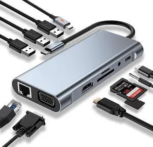 Aluminum 11 in 1 USB C Docking Station Hub with 4K HDMI, VGA, Gigabit, 3*USB 3.0, USB-C Ports, 100W USB-C PD, 3.5mm Aux Ports, TF/SD for PC/Laptops/MacBook Pro/Air/iMac/iPad and More Devices