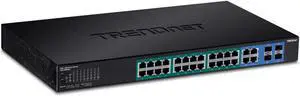 TRENDnet 28-Port Web Smart PoE+ Switch, 24 x Gigabit PoE+ Ports, 4 x Shared Gigabit Ports (RJ-45 or SFP), VLAN, QoS, LACP, IPv6 Support, 370W PoE Power Budget, Lifetime Protection, TPE-5028WS