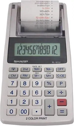 Sharp EL-1611V Handheld Portable Cordless 12 Digit Large LCD Display Two-Color Printing Calculator with Tax Functions