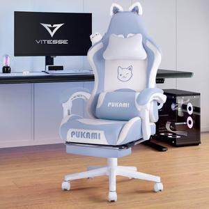 VITESSE Pink Gaming Chair for girl with Cat Paw Lumbar Cushion and Cat Ears,Ergonomic Computer Chair for Girl with Footrest and Headrest Comfortable Reclining PC Game Chair for Adult,Kid (Blue)