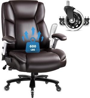 VITESSE 600lbs Big and Tall Office Chair with Flip up Armrest, Large Heavy Duty with Ergonomic Lumbar Support, Executive Office Chair for Heavy People with Quiet Rubber Wheel(Brown)