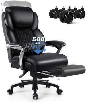 VITESSE 500lbs Big and Tall Office Chair with Foot Rest and Lifting Headrest,Large Heavy Duty Chair with Adjustable Lumber Support,Executive Office Chair,Leather Chair for Heavy People (Black)
