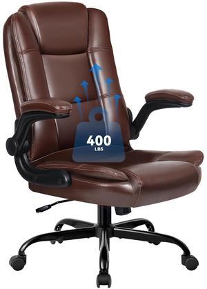 VITESSE Executive Office Chair with Flip-up Armrests, Big and Tall Leather Ergonomic Office Chair, High Back Lumbar Support  Home Computer Desk Chair, Heavy and Duty Computer Chair (Brown)
