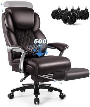 VITESSE 500lbs Big and Tall Office Chair with Foot Rest and Lifting Headrest,Large Heavy Duty Chair with Adjustable Lumber Support,Executive Chair,Leather Office Chair for Heavy People(Brown)