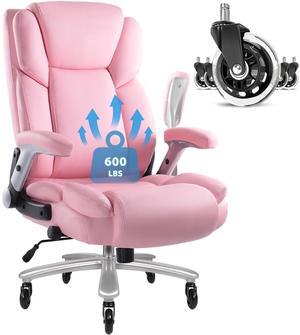 VITESSE 600lbs Big and Tall Office Chair with Flip up Armrest, Large Heavy Duty Chair with Ergonomic Lumbar Support, Executive Office for Heavy People with Quiet Rubber Wheel (Pink)