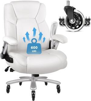 VITESSE 600lbs Big and Tall Office Chair with Flip up Armrest, Large Heavy Duty with Ergonomic Lumbar Support, Leather Office Chair for Heavy People with Quiet Rubber Wheel (White)