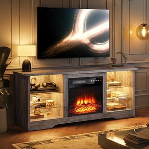 VITESSE 58 Inches Fireplace TV Stand for TVs up to 65 Inches Console with 18'' Electric Fireplace & Remote,Wooden Modern Entertainment Center for Living Room with LED Light Glass ShelvesGray