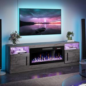 VITESSE TV Stand with 36" inch Electric Fireplace Up to 80" TVs, LED Light Entertainment Center, 70" Modern Wood High Gloss Fireplace with Highlight Storage Cabinet for Living Room (Grey)