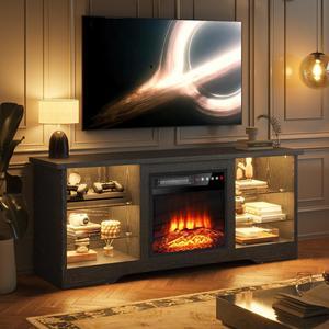 VITESSE 58 Inches Fireplace TV Stand for TVs up to 65 Inches Console with 18'' Electric Fireplace & Remote,Wooden Modern Entertainment Center for Living Room with LED Light Glass ShelvesBlack