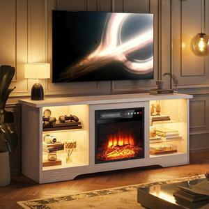 VITESSE 58 Inches Fireplace TV Stand for TVs up to 65 Inches Console with 18'' Electric Fireplace & Remote,Wooden Modern Entertainment Center for Living Room with LED Light Glass ShelvesBei
